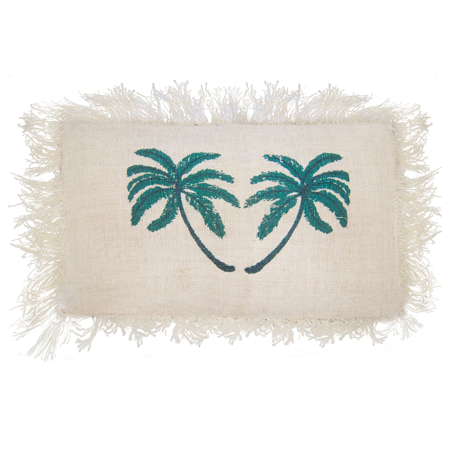 Linen cushion cover with a printed palm tree design and decorative fringed edges on a neutral background.