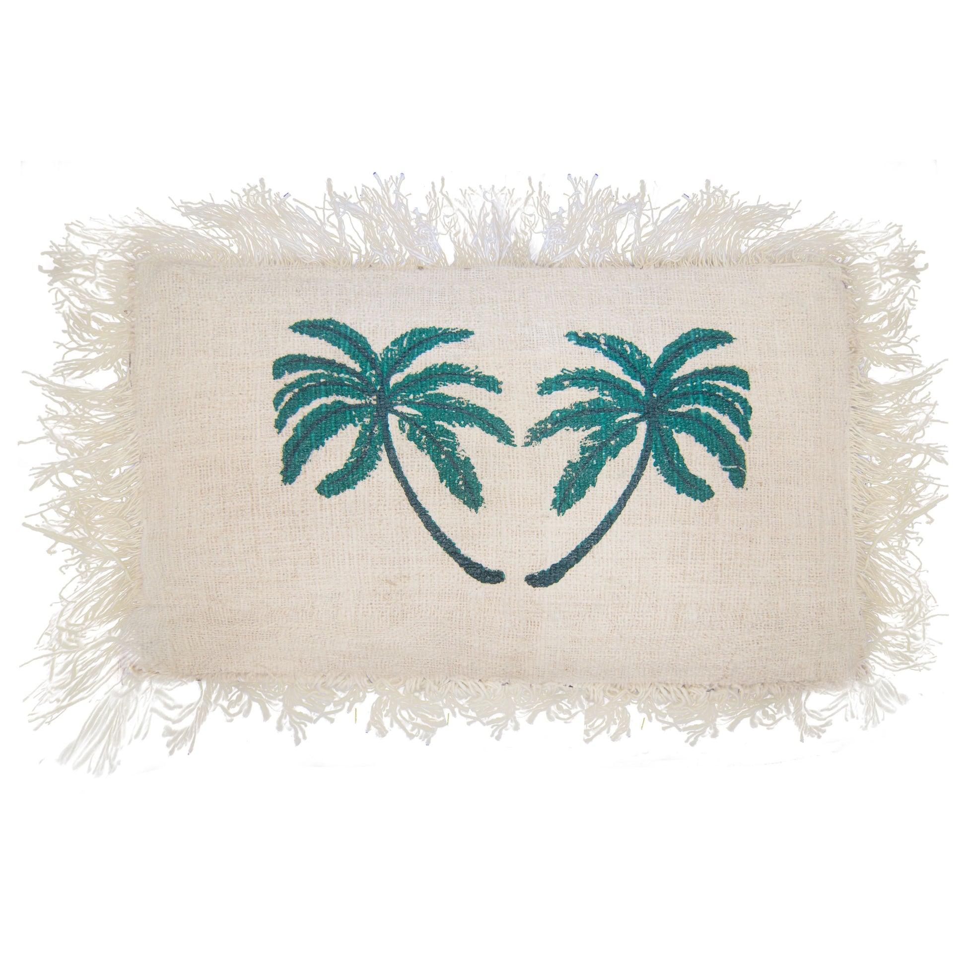 Linen cushion cover with a printed palm tree design and decorative fringed edges on a neutral background.