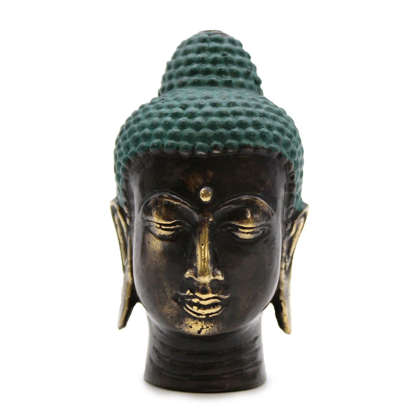 Small decorative Buddha head statue with an antique brass finish and intricate traditional detailing.