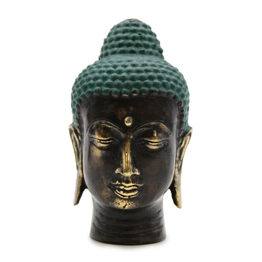 Small decorative Buddha head statue with an antique brass finish and intricate traditional detailing.