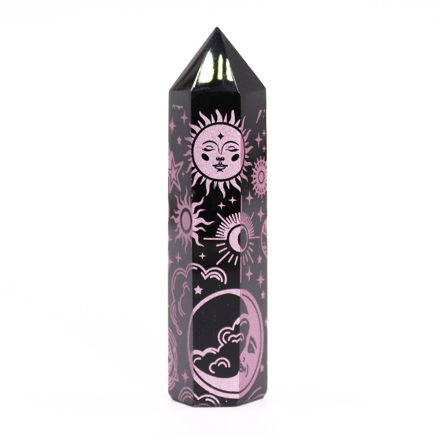 Polished black obsidian crystal point with delicate rose pink celestial engravings.