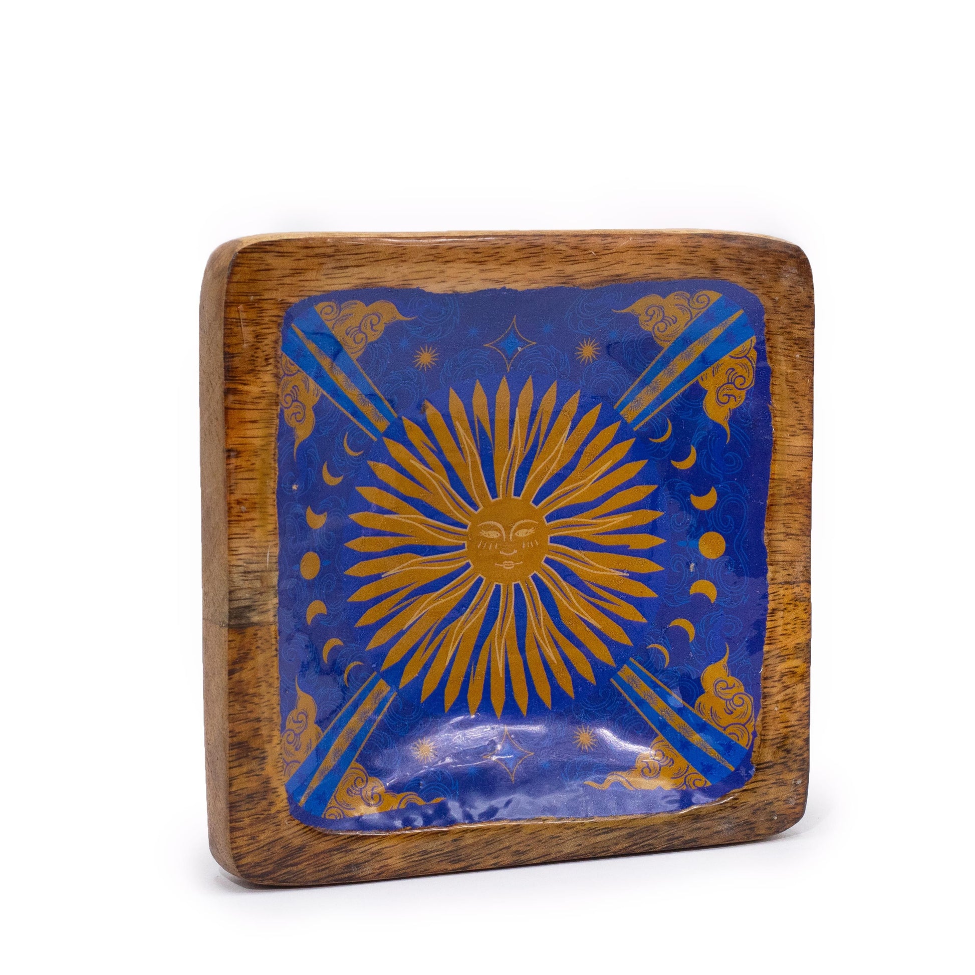 Large square wooden trinket tray with a vibrant yellow and orange enameled sun design in the center.
