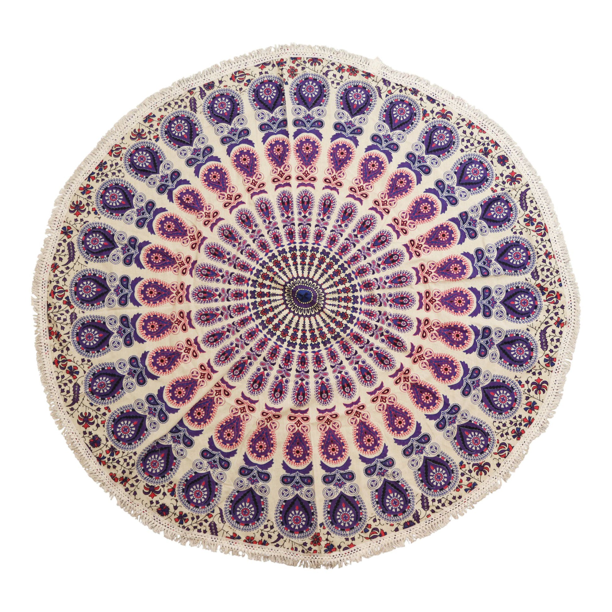Circular purple and pink cotton mandala wall hanging with intricate peacock-inspired patterns on a white background.