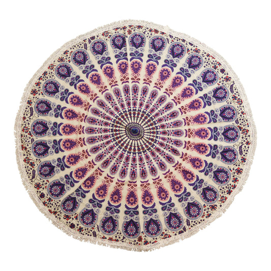 Circular purple and pink cotton mandala wall hanging with intricate peacock-inspired patterns on a white background.