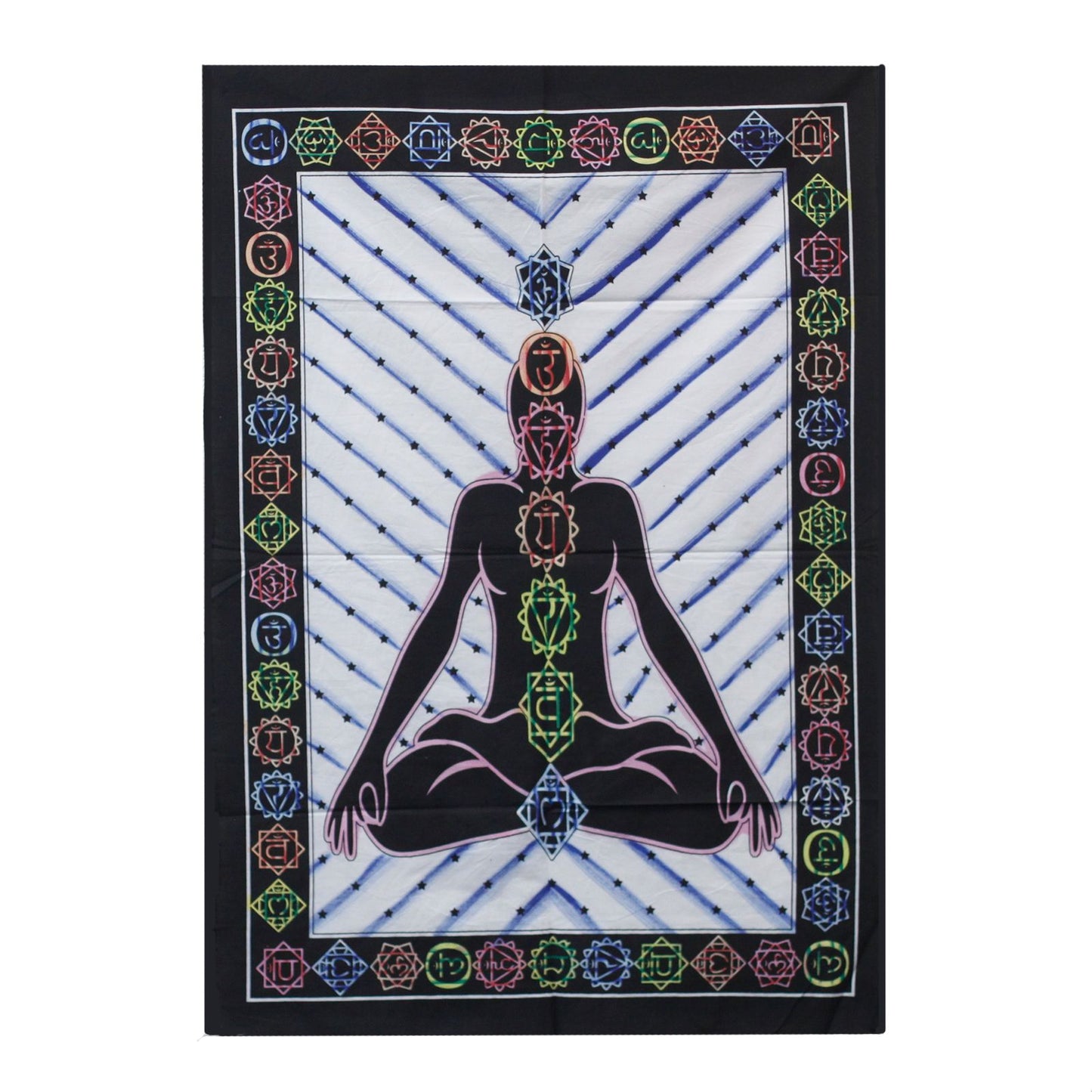Vibrant handbrushed cotton wall hanging featuring a central Buddha figure with colourful chakra symbols.