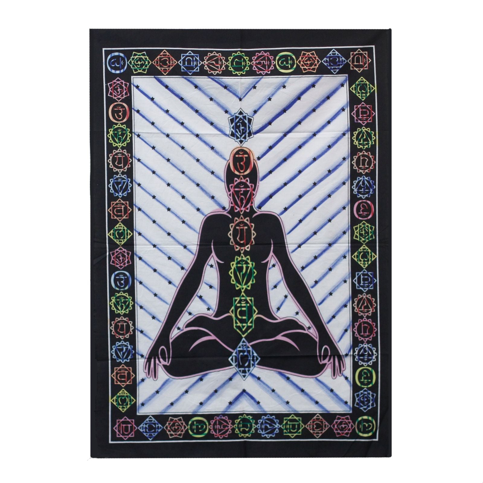 Vibrant handbrushed cotton wall hanging featuring a central Buddha figure with colourful chakra symbols.