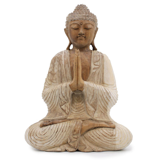 Hand-carved 40cm Buddha statue with a rustic whitewash finish, depicted in a welcoming pose.