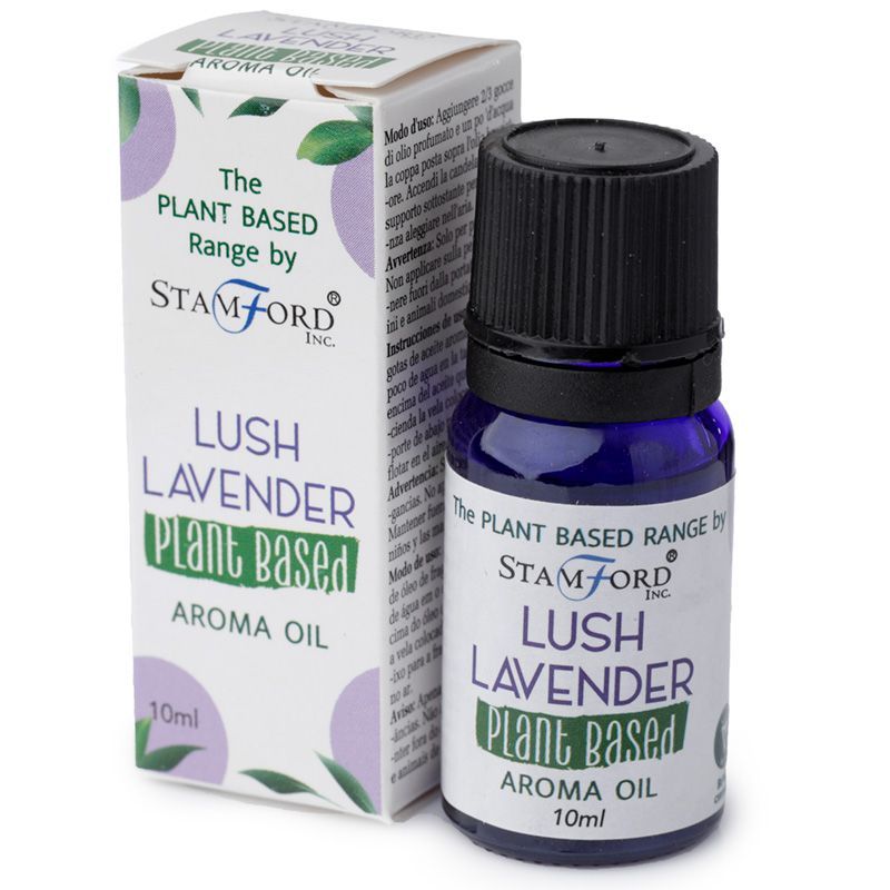A bottle of Lush Lavender plant-based aroma oil with a minimalist label featuring lavender sprigs.