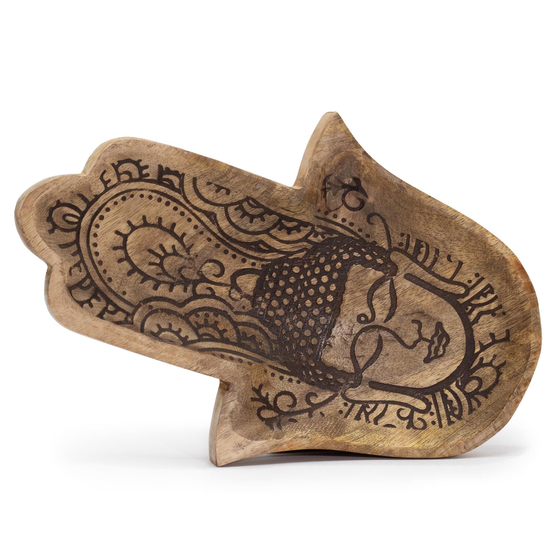 Long black wooden tray with intricate engraved Hamsa hand and Buddha designs in a spiritual style.