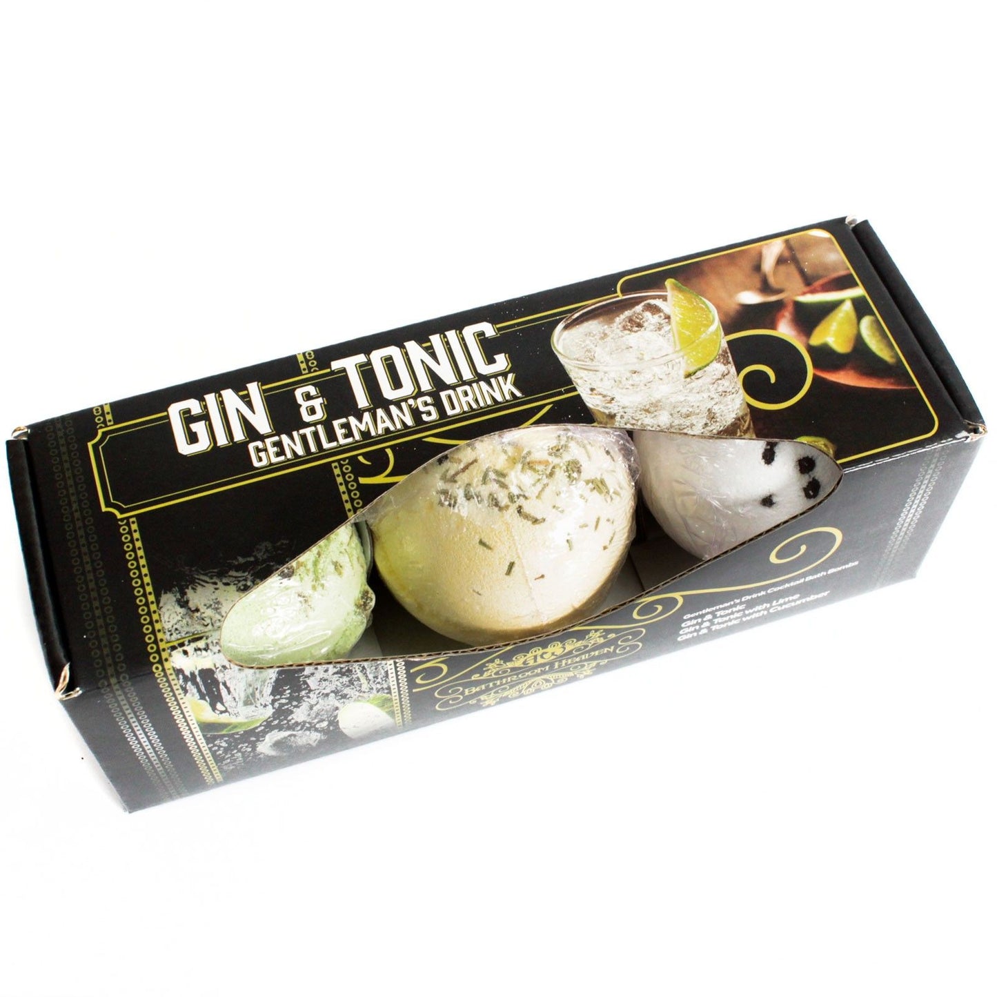 Gift set of three round bath bombs with a refreshing gin and tonic cocktail scent in a themed gift box.