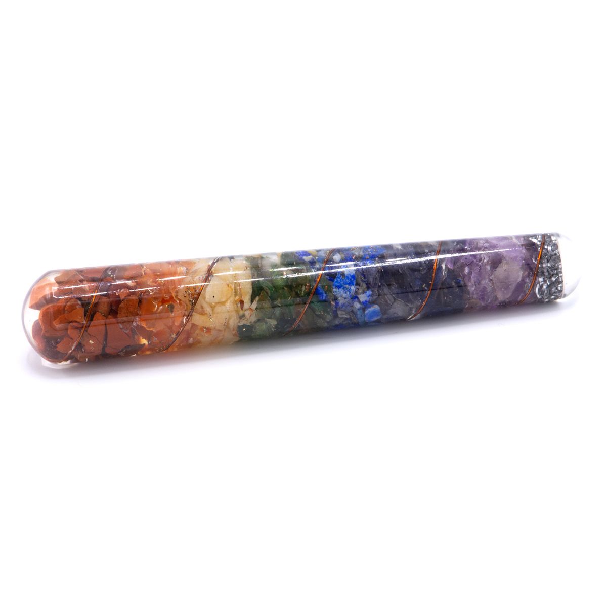 Cylindrical orgonite healing wand featuring seven chakra stones and a copper coil encased in clear resin.