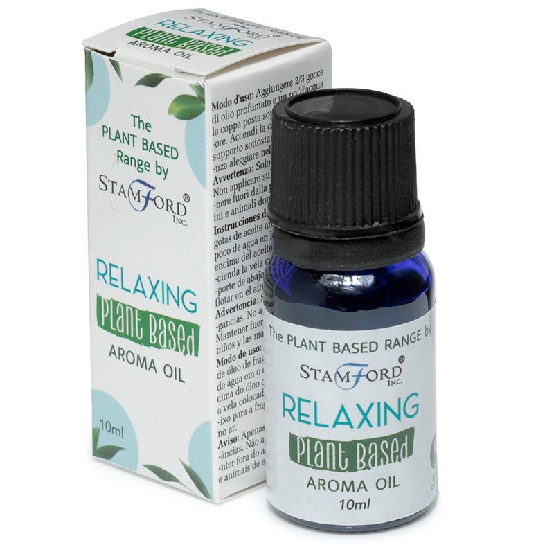 A bottle of relaxing plant-based aroma oil with a minimalist label on a clean background.