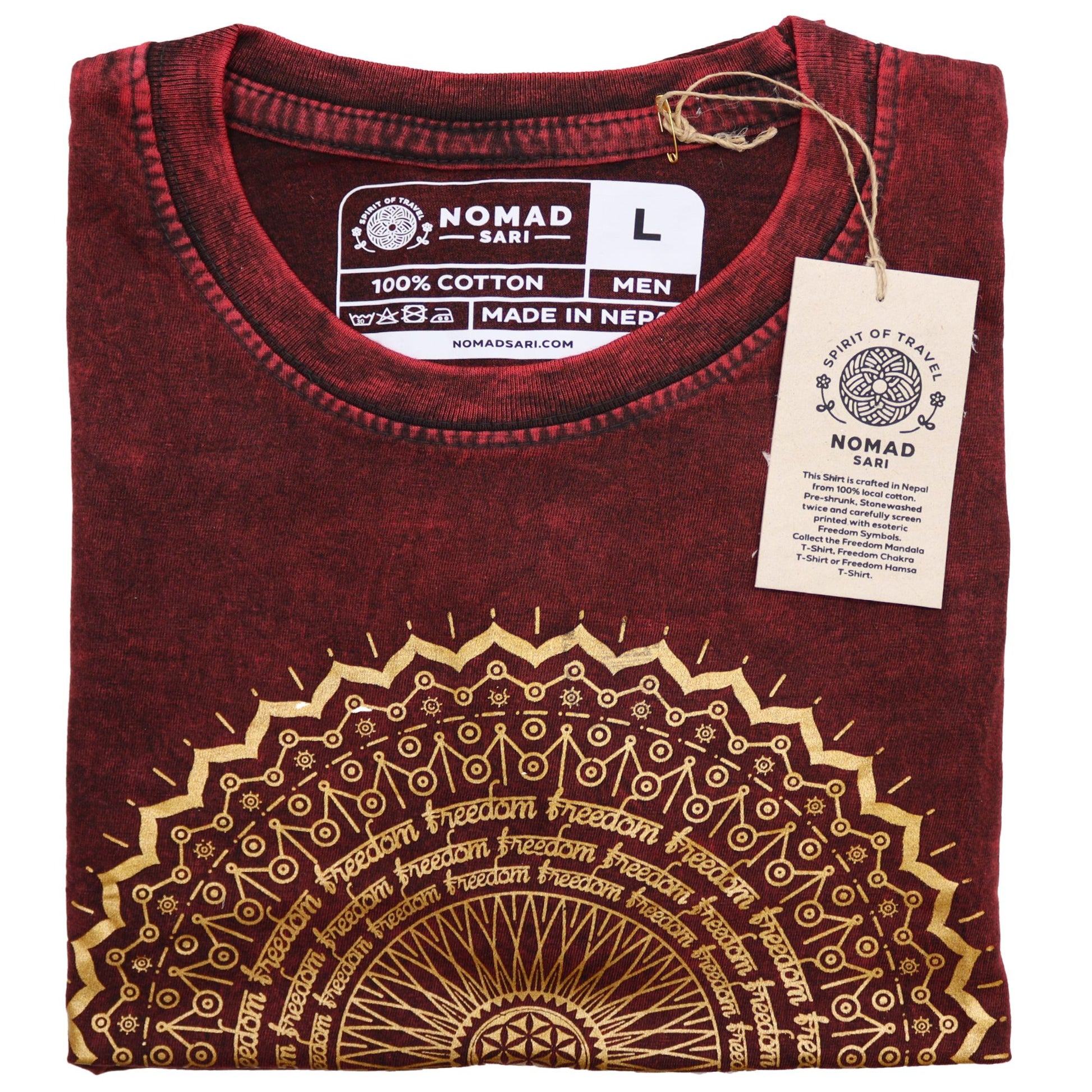 Large maroon stone washed t-shirt featuring a detailed white mandala print on the front.