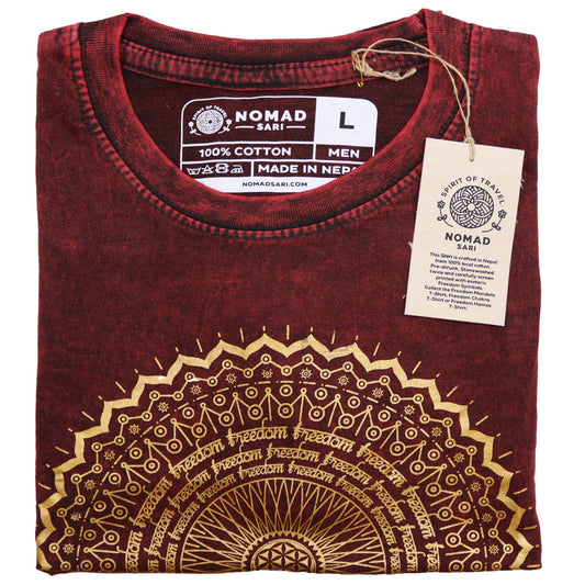 Large maroon stone washed t-shirt featuring a detailed white mandala print on the front.