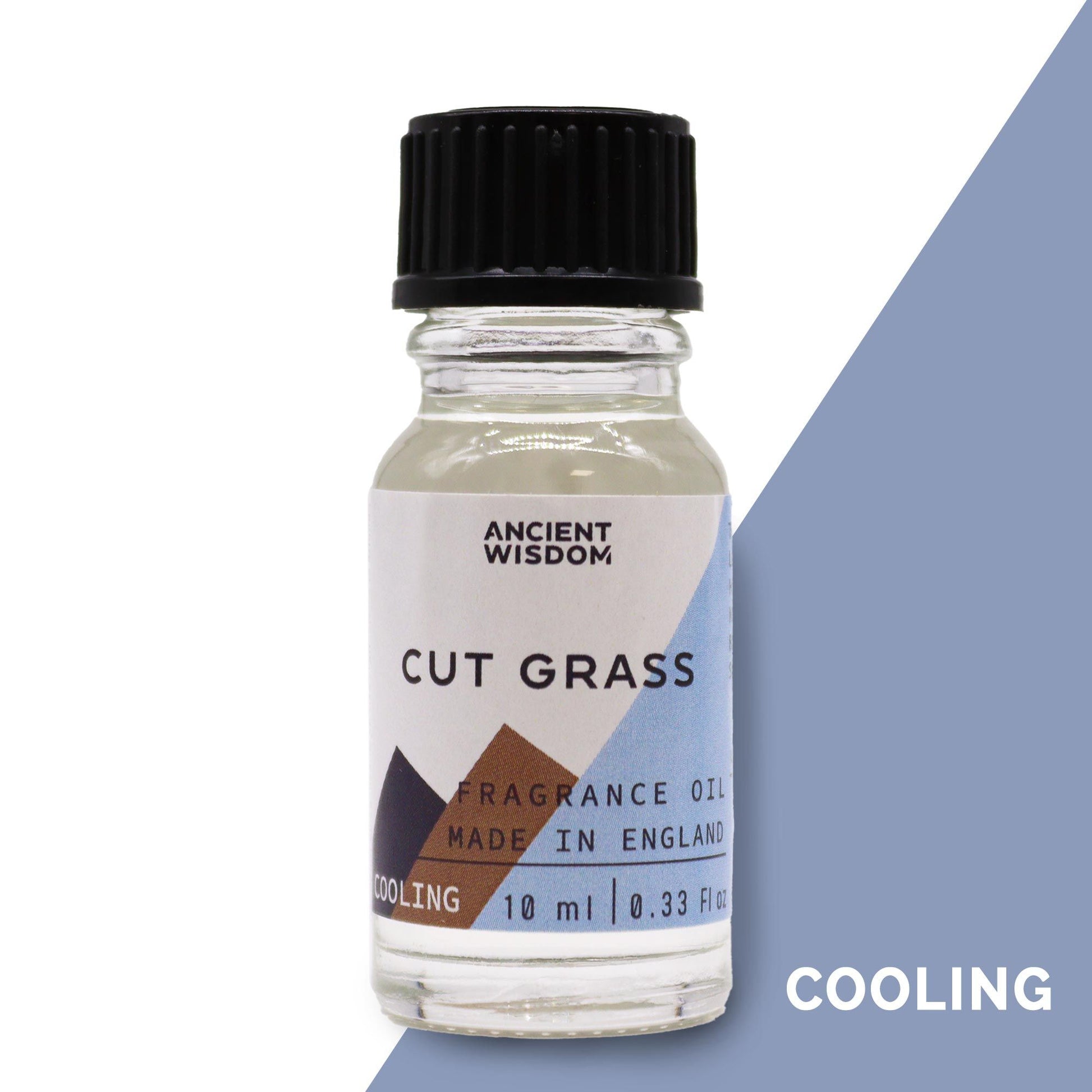 A 10ml glass bottle of Cut Grass fragrance oil with a simple white label and black dropper cap.