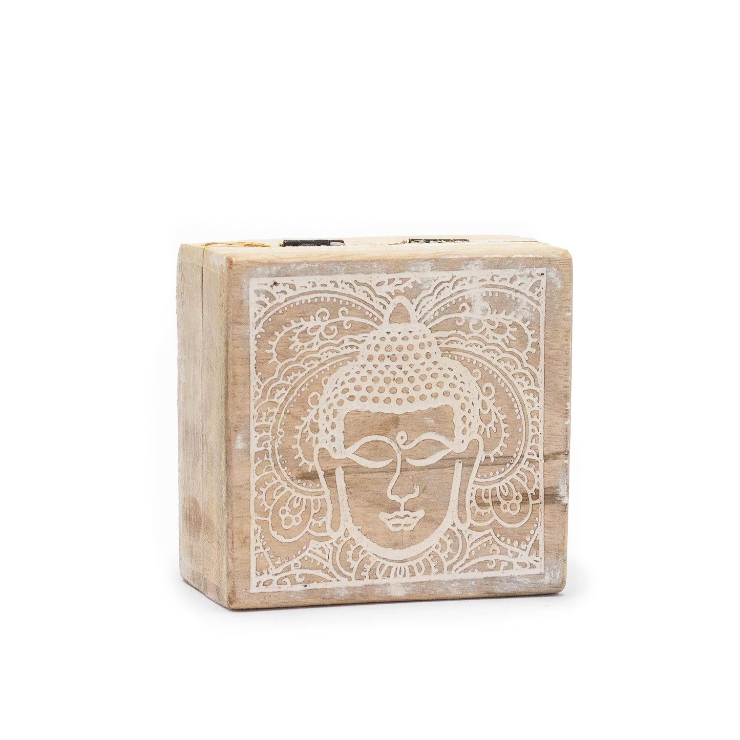 Small square wooden box with a hand-carved Buddha face design and a rustic whitewash finish.