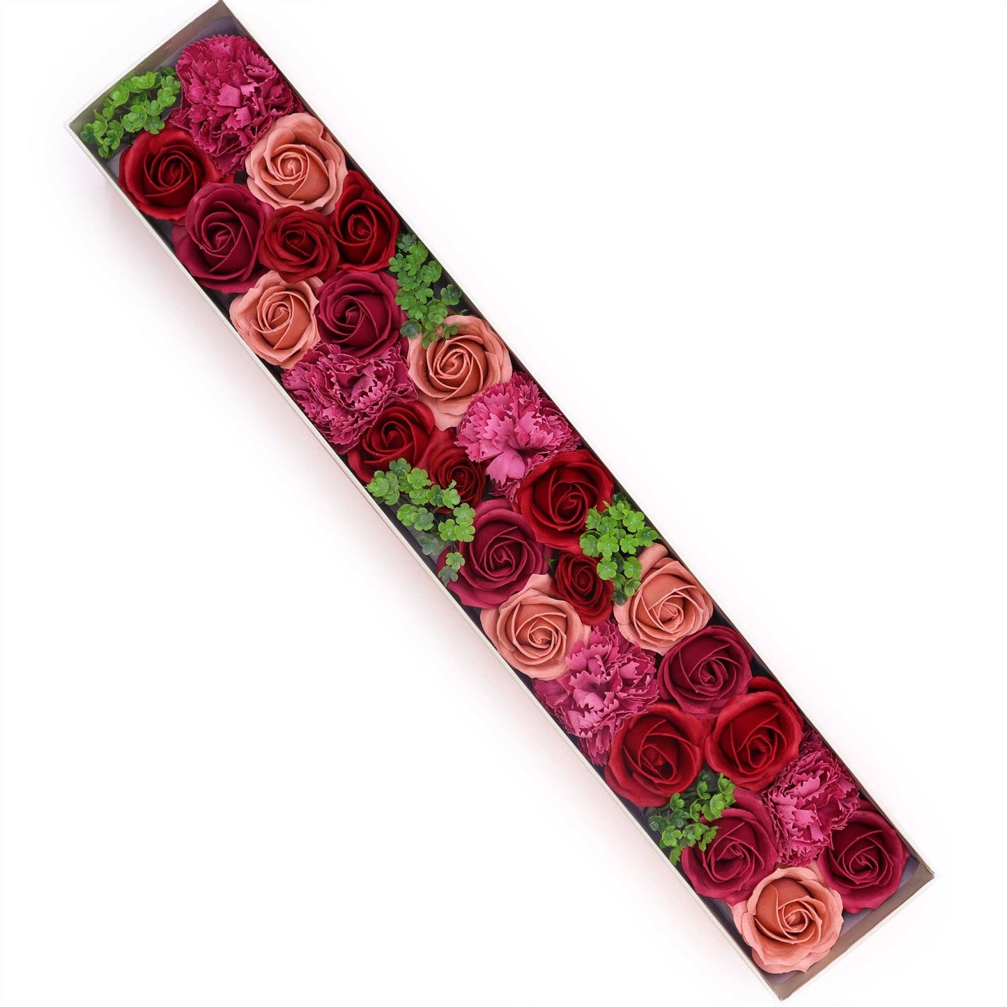 Elegant extra long gift box filled with realistic soap flowers in vintage rose shades of pink and cream.