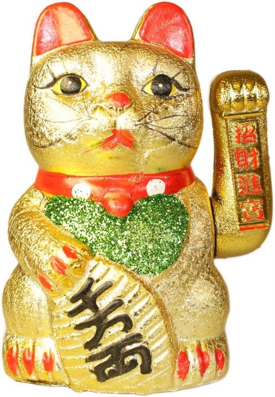 Traditional golden Chinese lucky cat with a moving left paw for inviting wealth and prosperity.