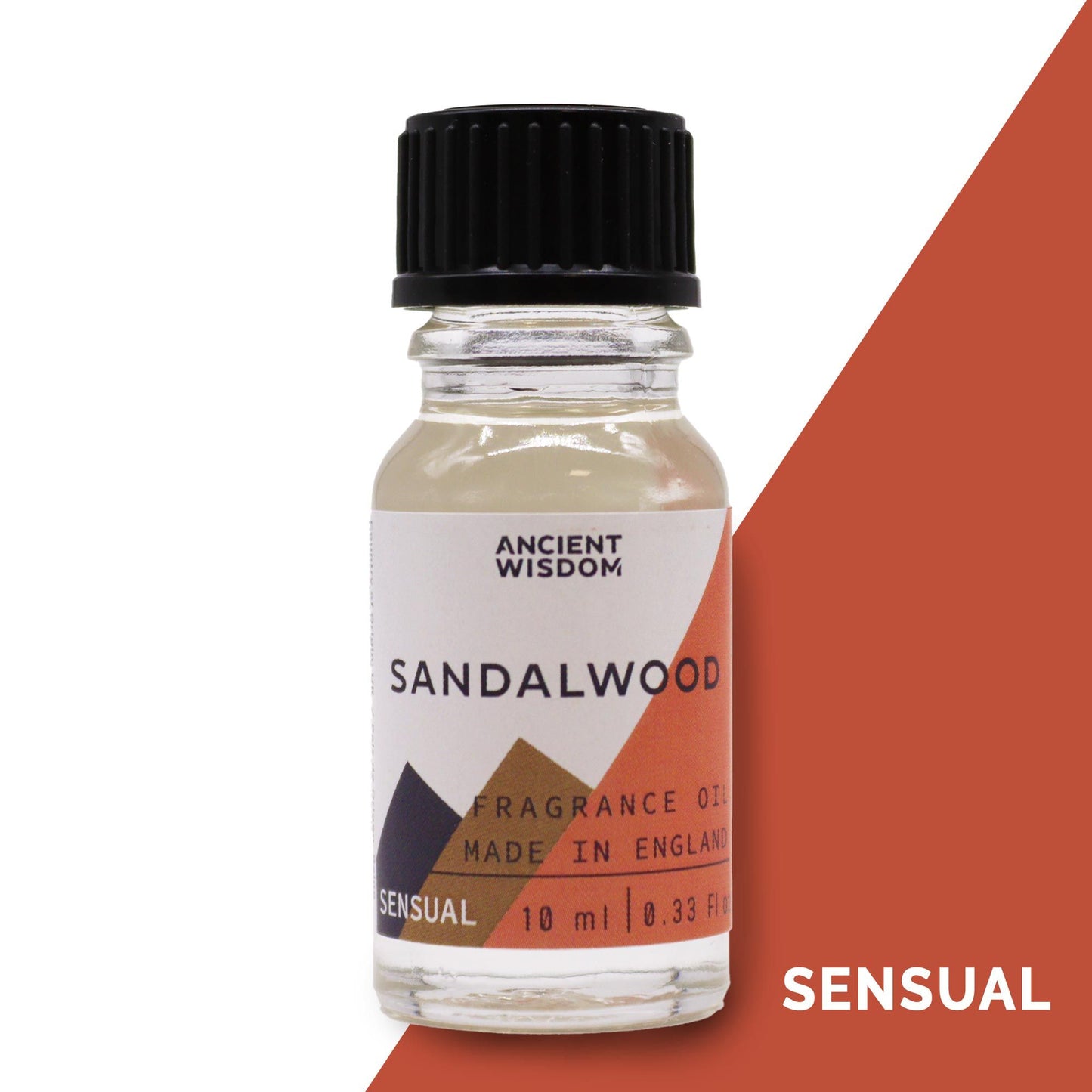 A small amber glass bottle of sandalwood fragrance oil with a black dropper cap on a plain background.