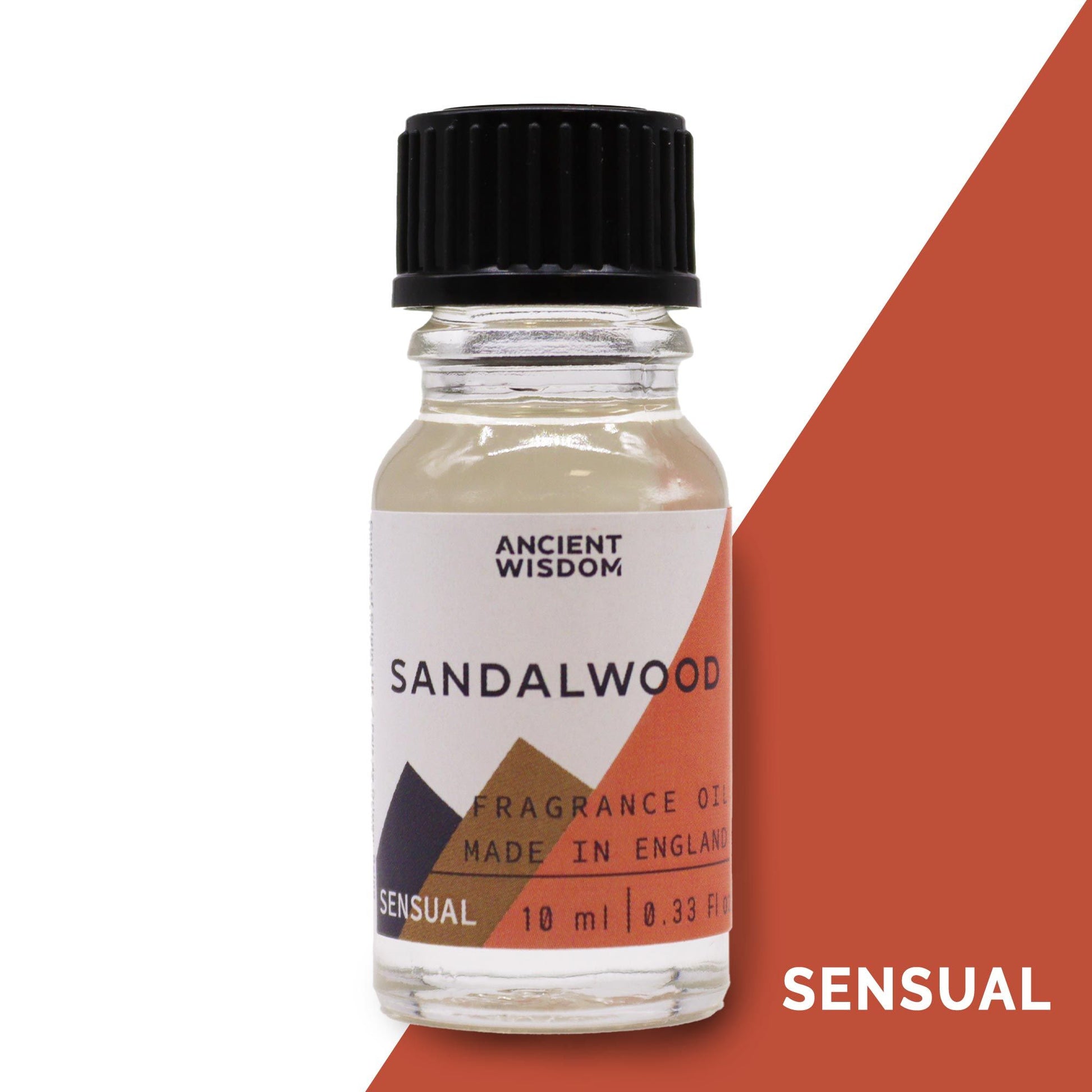 A small amber glass bottle of sandalwood fragrance oil with a black dropper cap on a plain background.