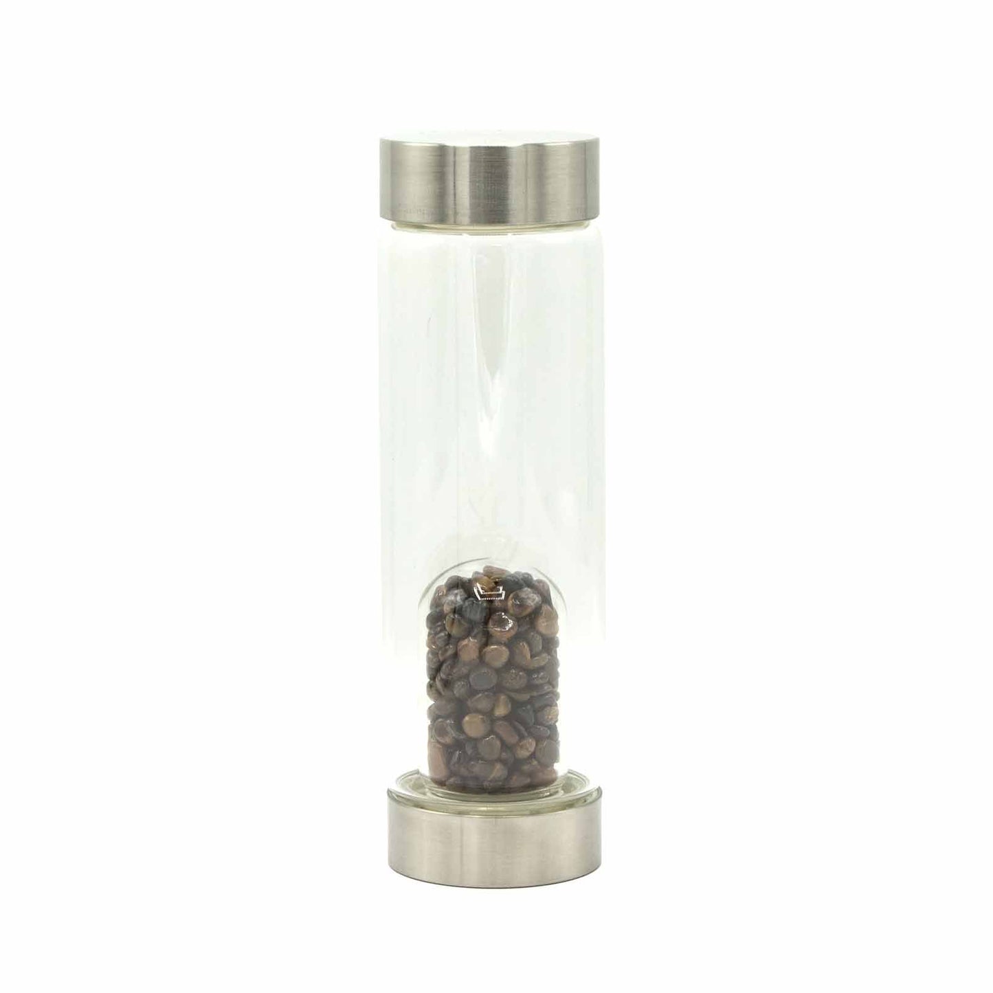 Clear glass water bottle with a separate chamber filled with golden brown Tiger's Eye crystal chips.