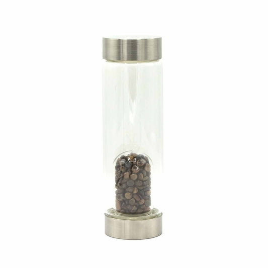 Clear glass water bottle with a separate chamber filled with golden brown Tiger's Eye crystal chips.