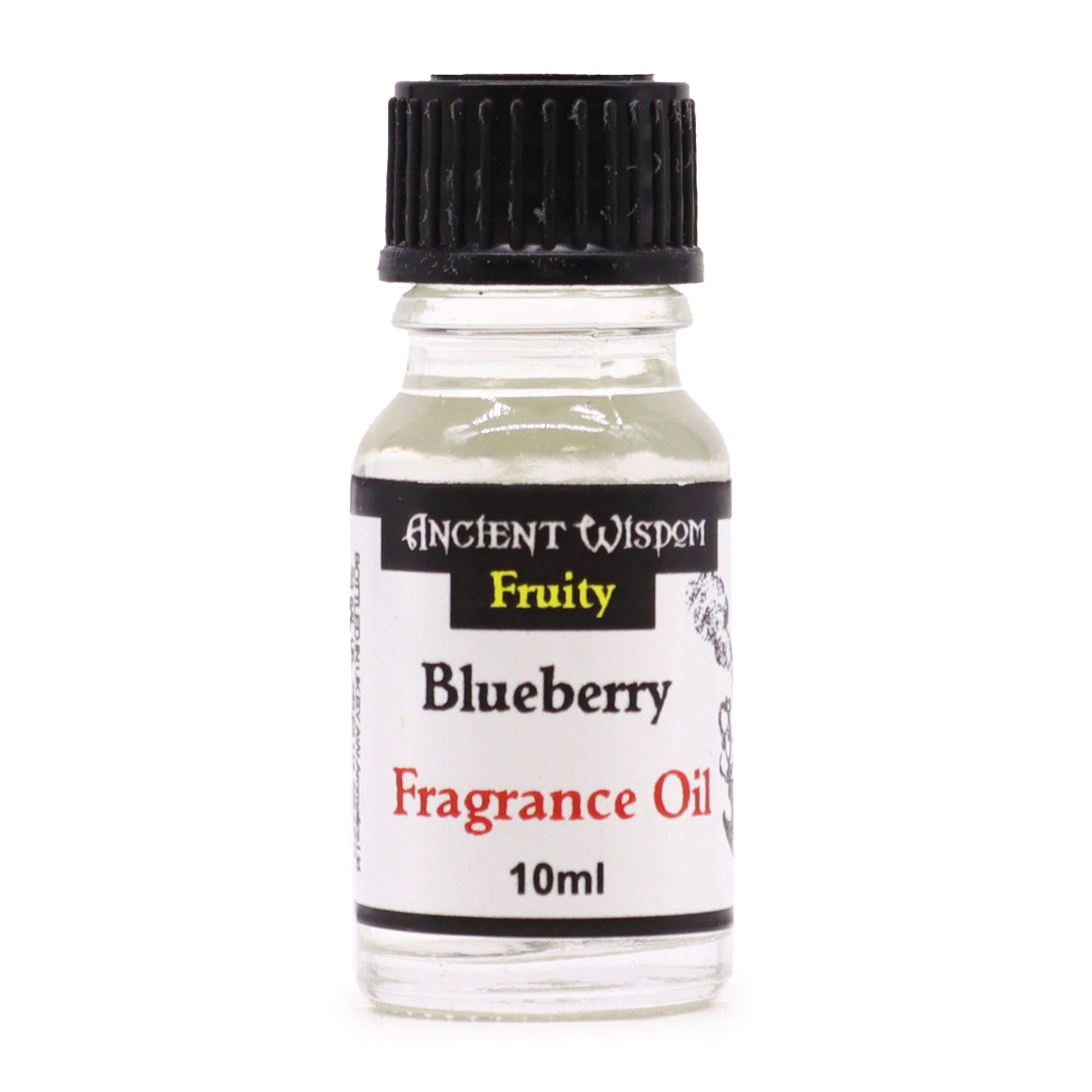 Small amber glass bottle of blueberry fragrance oil with a black dropper cap on a white background.