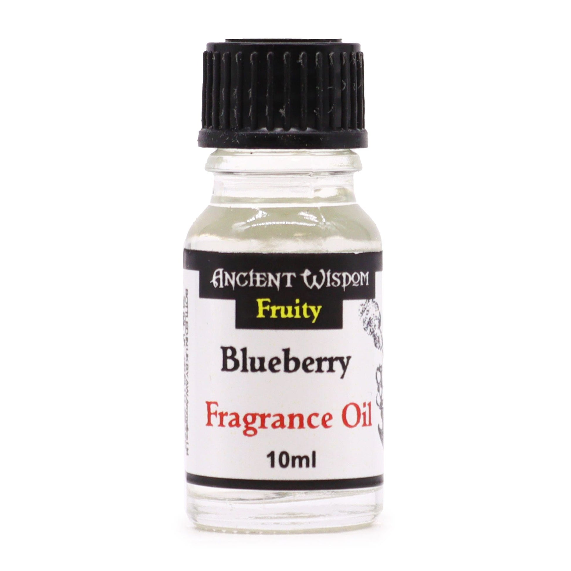 Small amber glass bottle of blueberry fragrance oil with a black dropper cap on a white background.