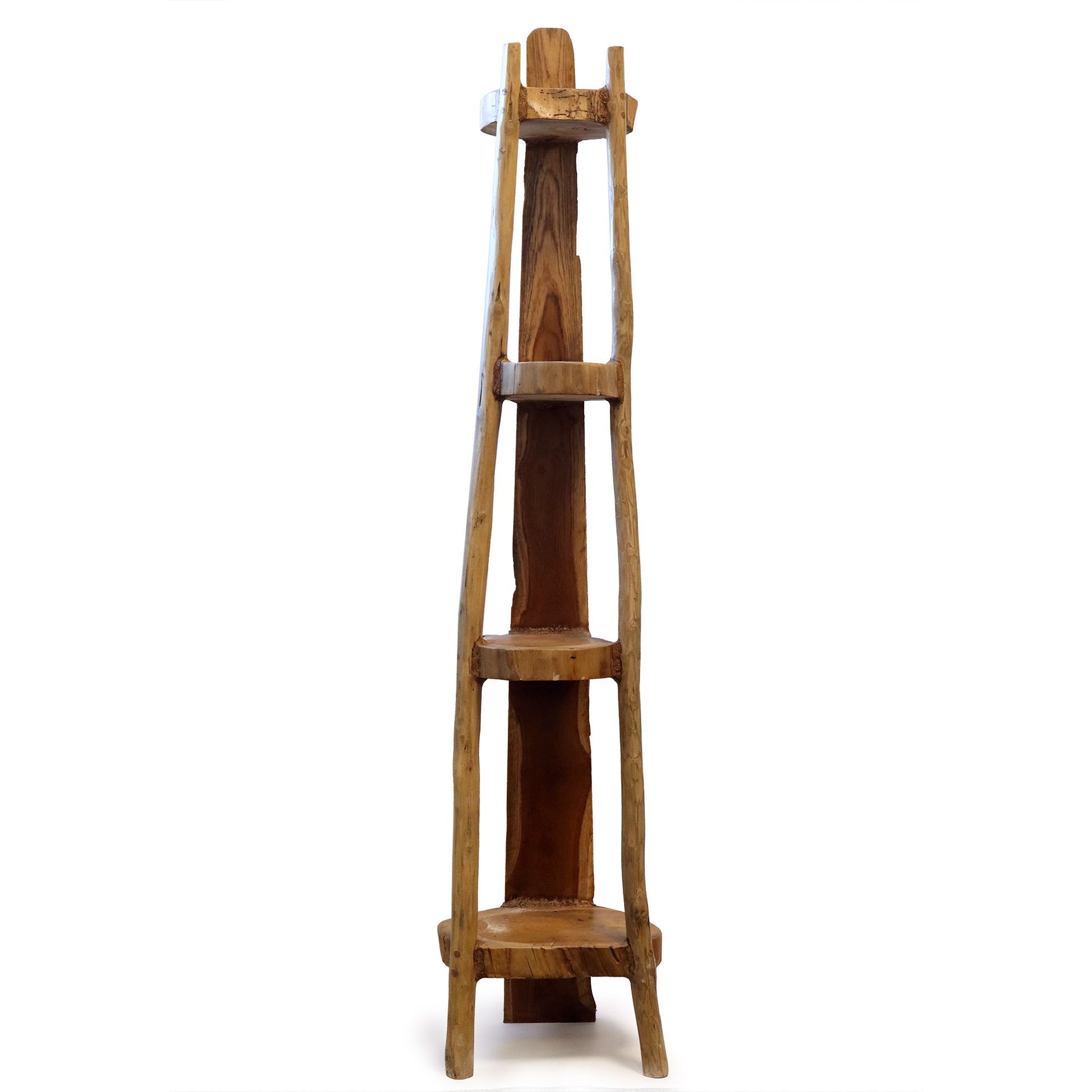 Tall four-tier corner display unit made from natural teak wood with a minimalist rustic finish.