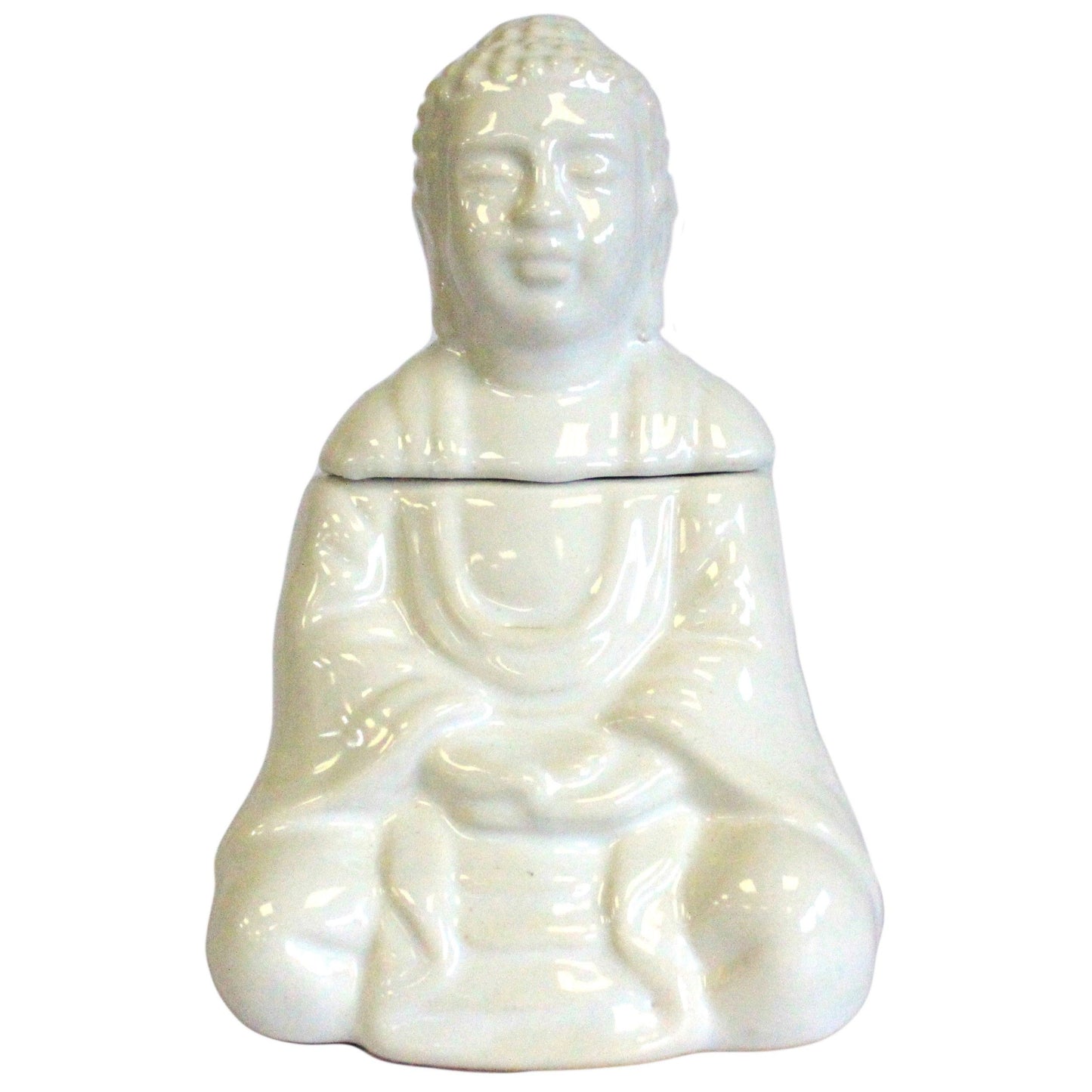Elegant white ceramic oil burner featuring a peaceful sitting Buddha with a decorative glazed finish.