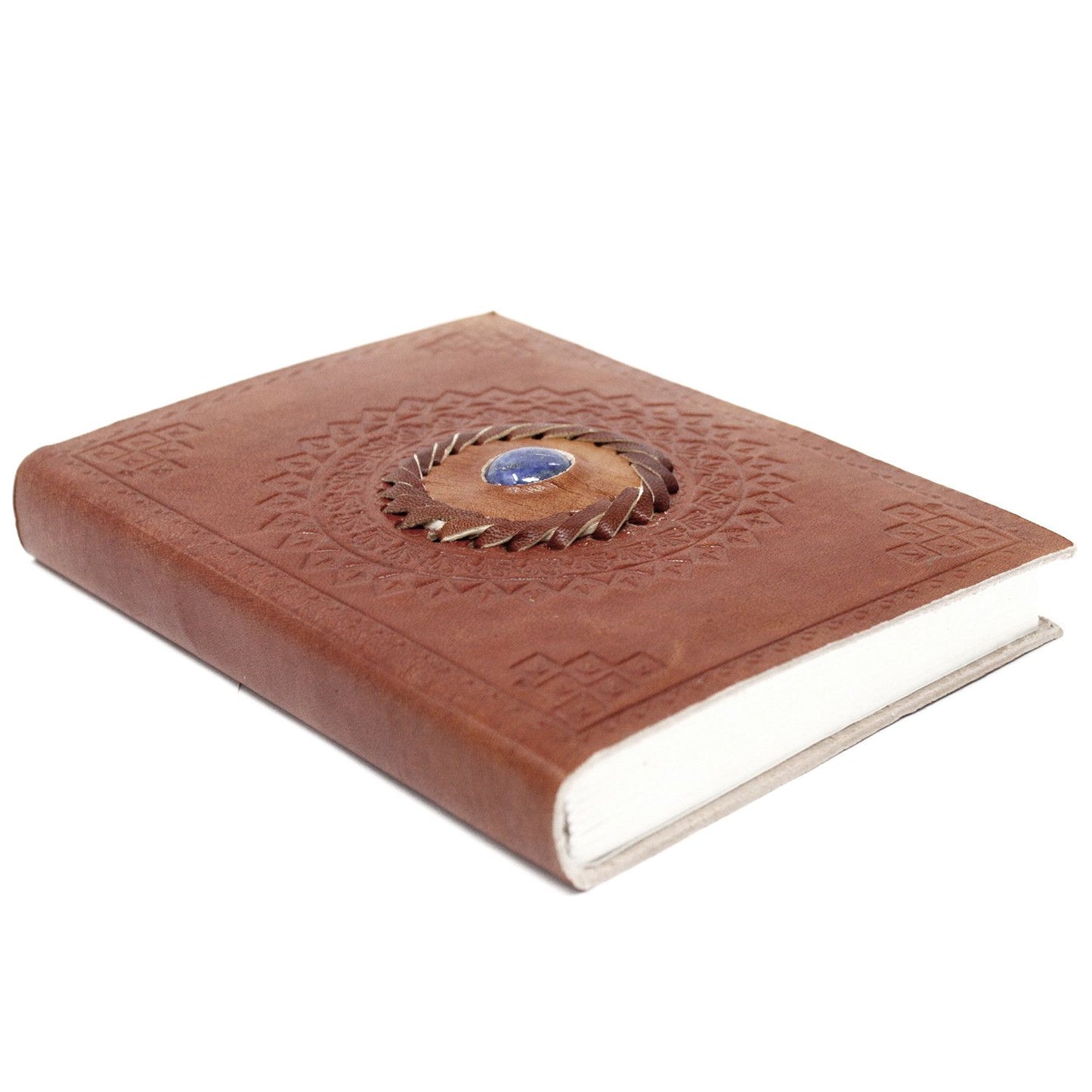 Handcrafted vintage-style brown leather journal with a blue lapis lazuli stone, metal clasp, and burnt edges.