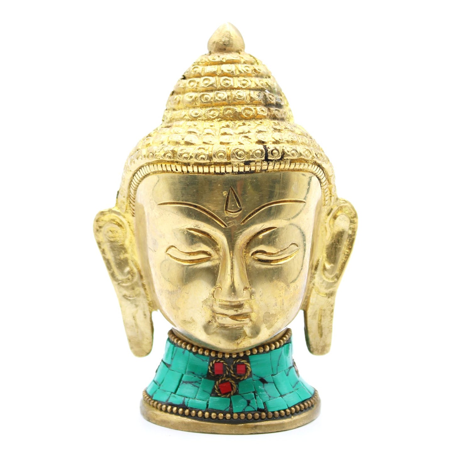 Detailed brass Buddha head statue with traditional ushnisha and peaceful expression on a simple base.