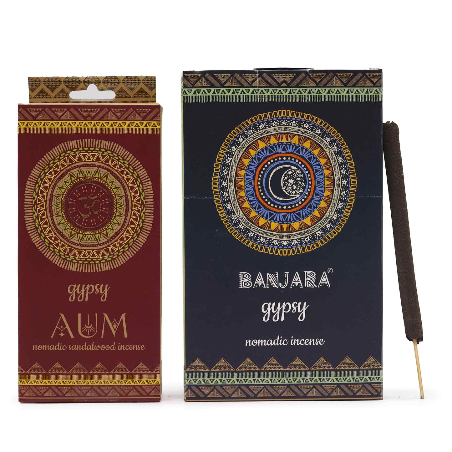 Hand-rolled incense sticks in a decorative earthy-toned packet with AUM symbol and nomadic patterns.