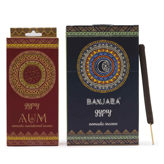 Hand-rolled incense sticks in a decorative earthy-toned packet with AUM symbol and nomadic patterns.