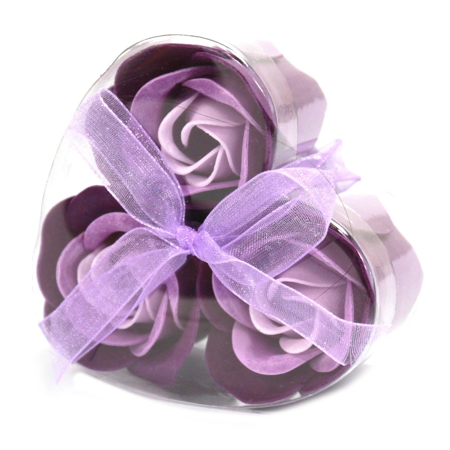 Delicate set of three purple and pink soap flowers shaped like roses, presented in a charming heart-shaped gift box.