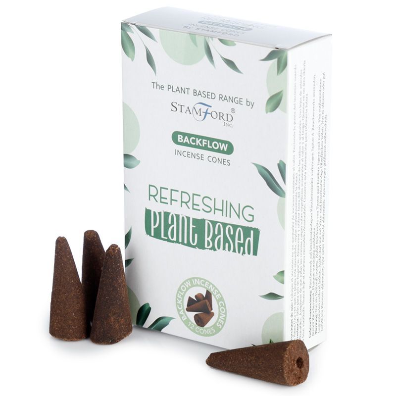 Box of natural plant-based backflow incense cones designed for waterfall burners, creating a refreshing aromatic mist.