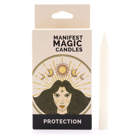 Pack of twelve slender ivory ritual candles for manifestation and spiritual practice.