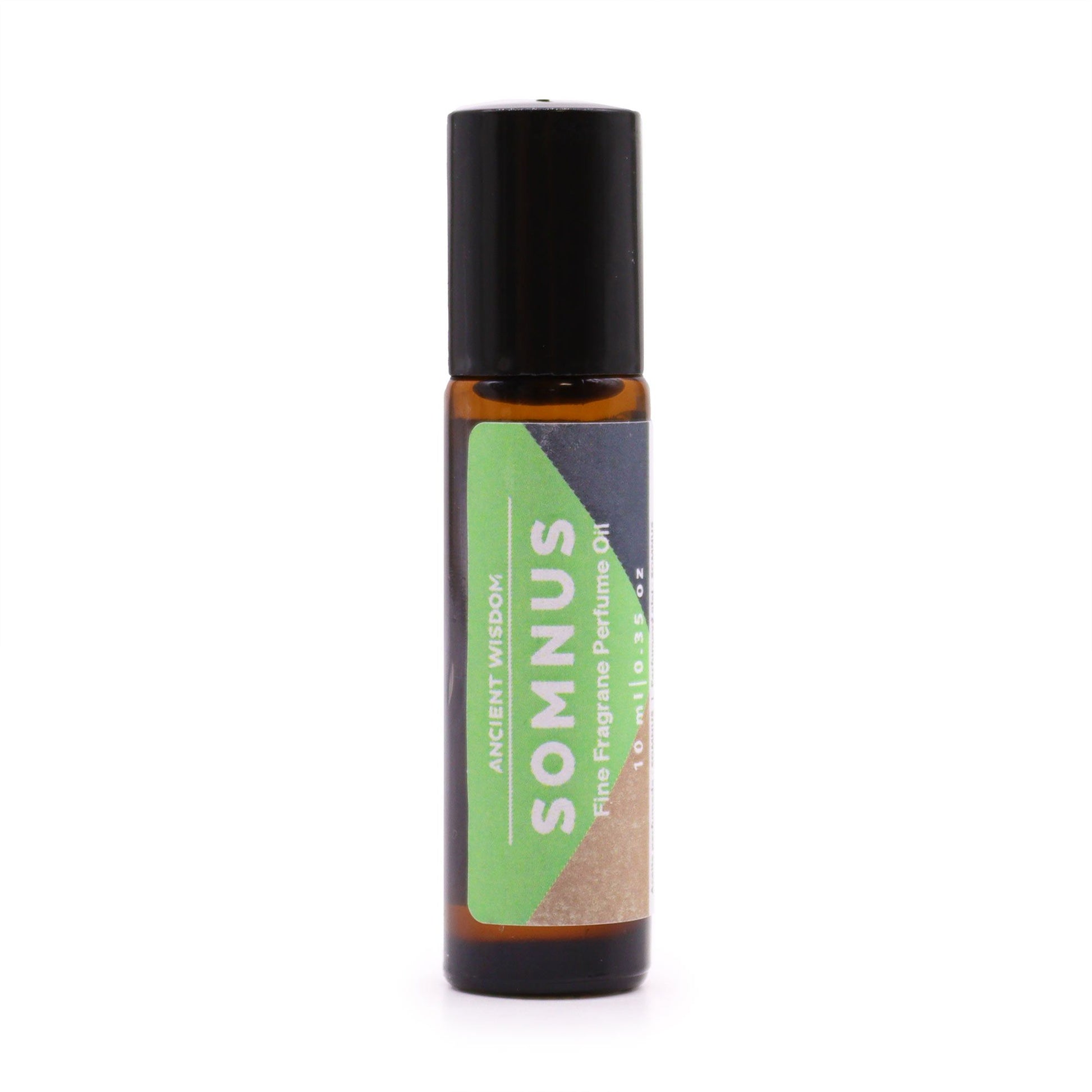 A 10ml roll-on bottle of Somnus fine fragrance perfume oil with a minimalist label design.
