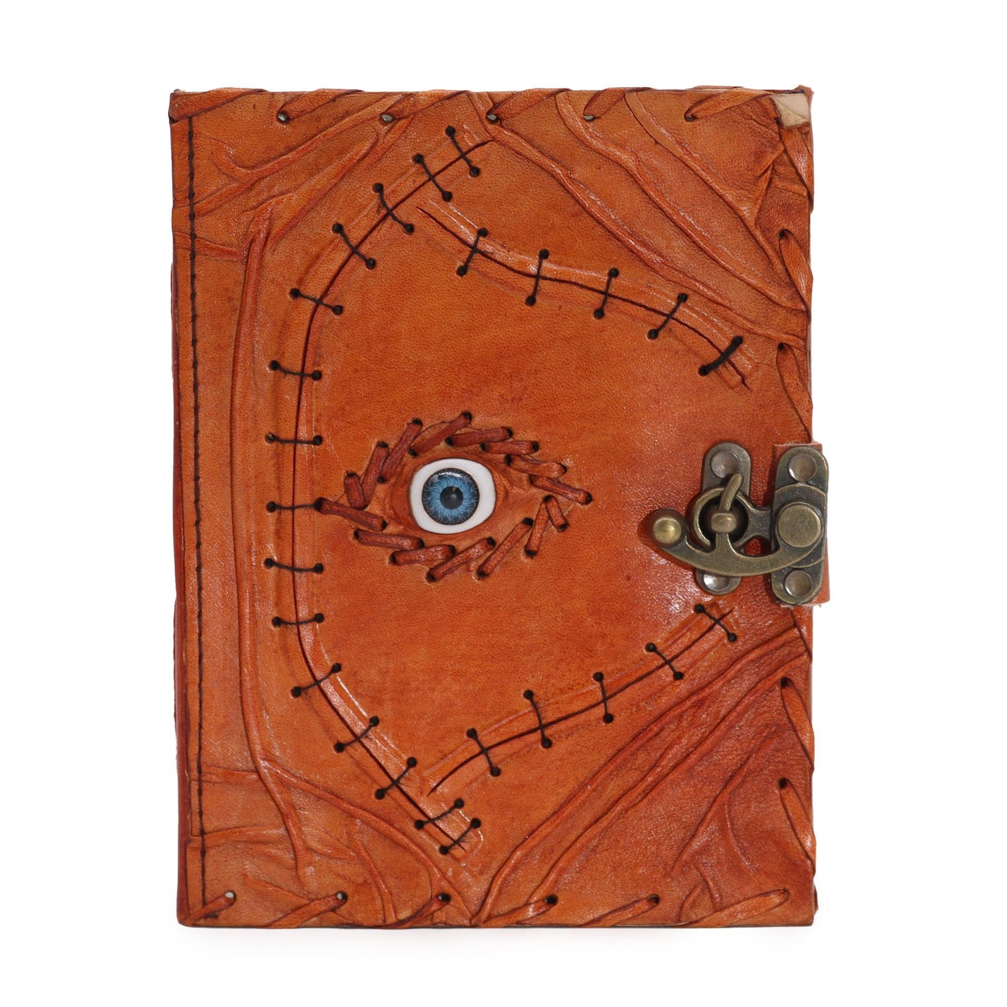 Vintage style tan leather notebook featuring a central evil eye design and textured deckle edge paper pages.