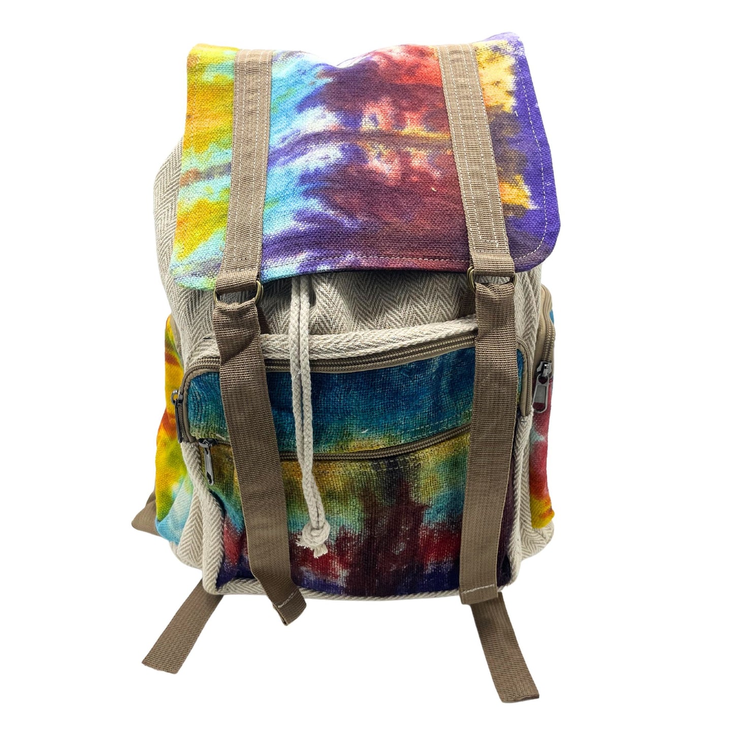 Large square backpack made from natural hemp featuring a vibrant colourful tie-dye pattern with adjustable straps.