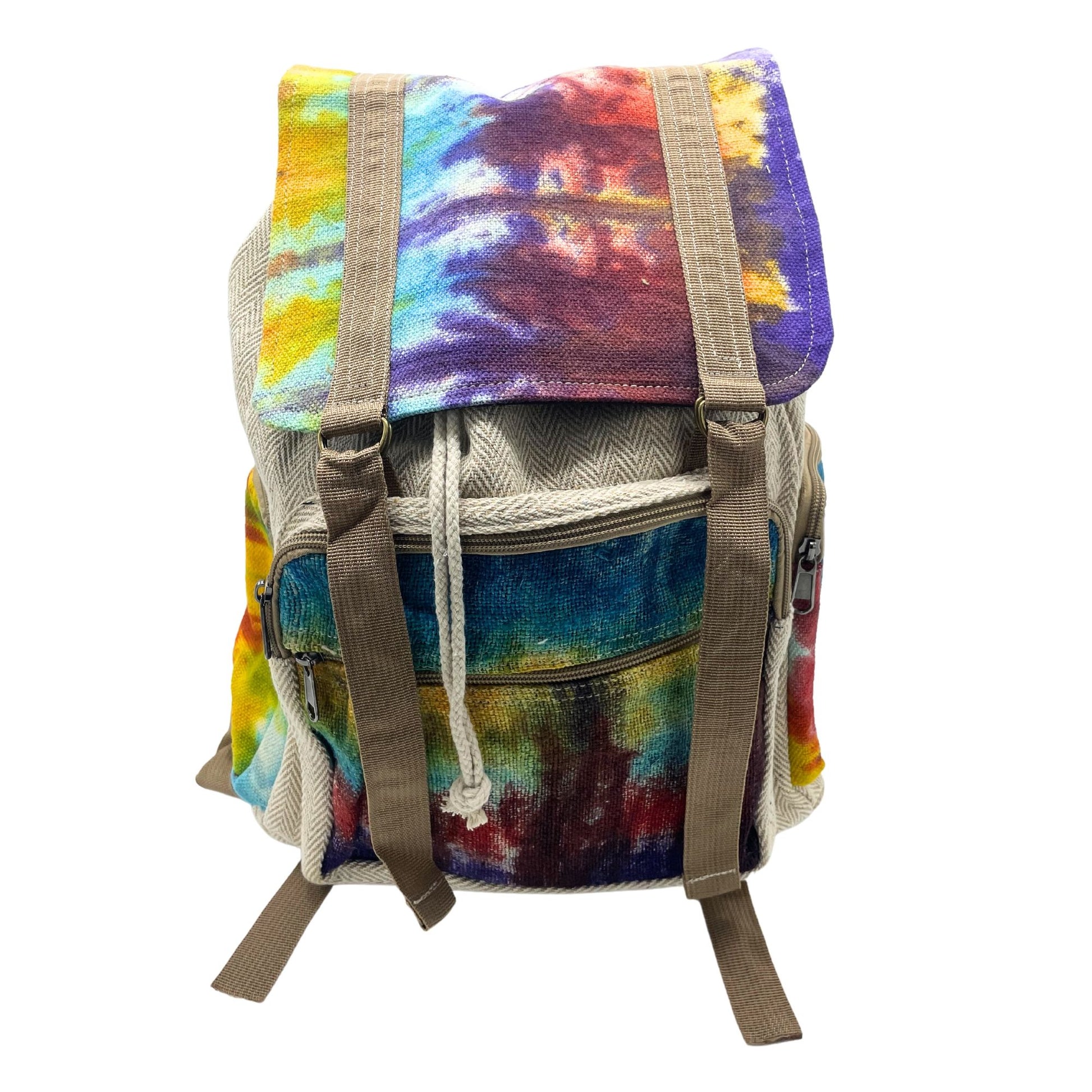 Large square backpack made from natural hemp featuring a vibrant colourful tie-dye pattern with adjustable straps.