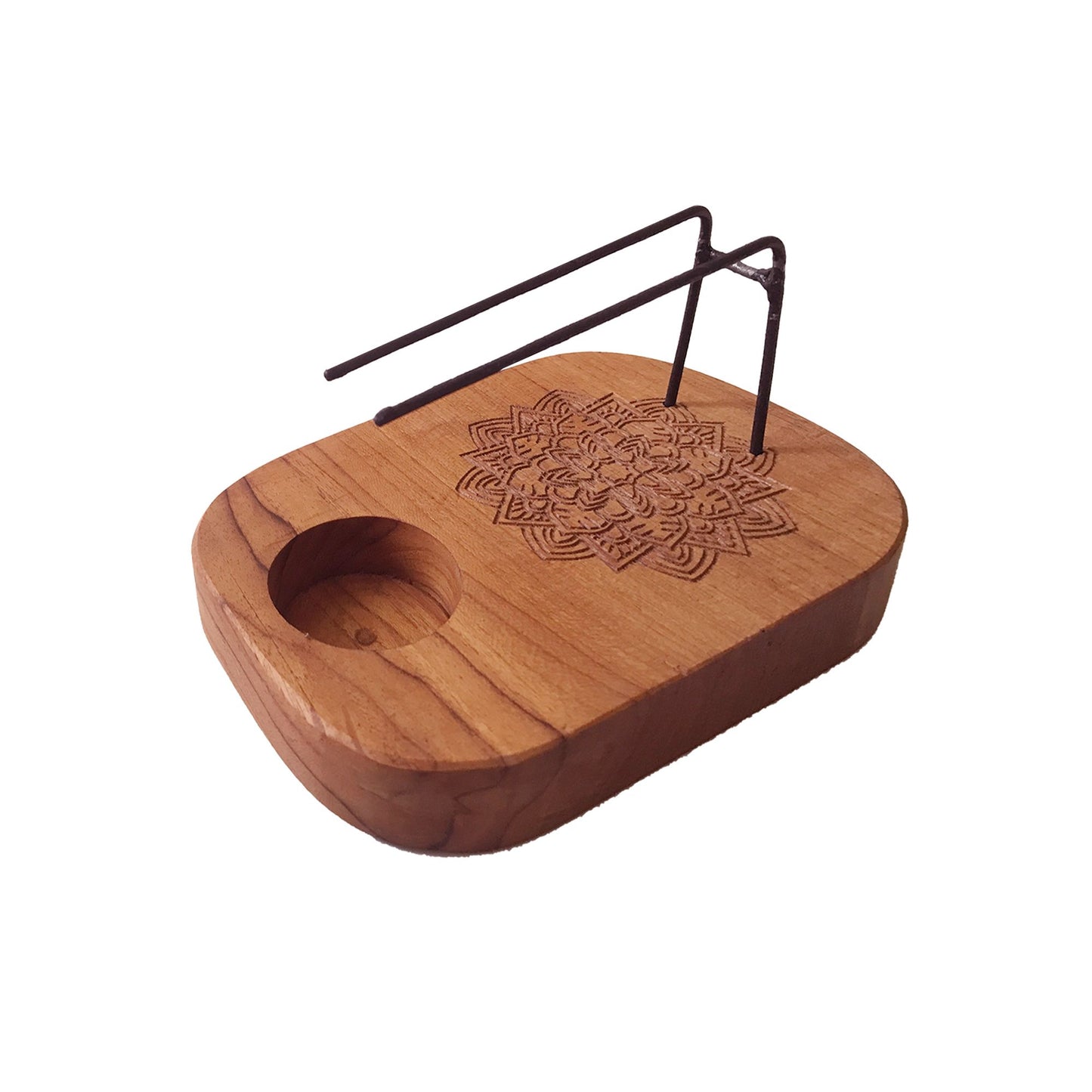 Handcrafted teak wood Palo Santo heater with an intricate carved mandala design for spiritual smudging and aromatherapy.