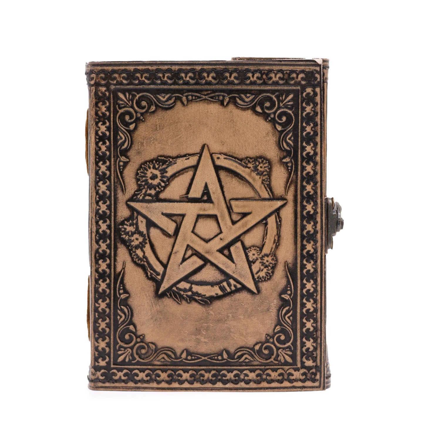 Antique grey leather notebook with an embossed pentacle design and detailed stitched edges on a plain background.