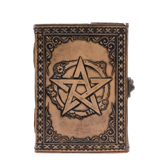 Antique grey leather notebook with an embossed pentacle design and detailed stitched edges on a plain background.