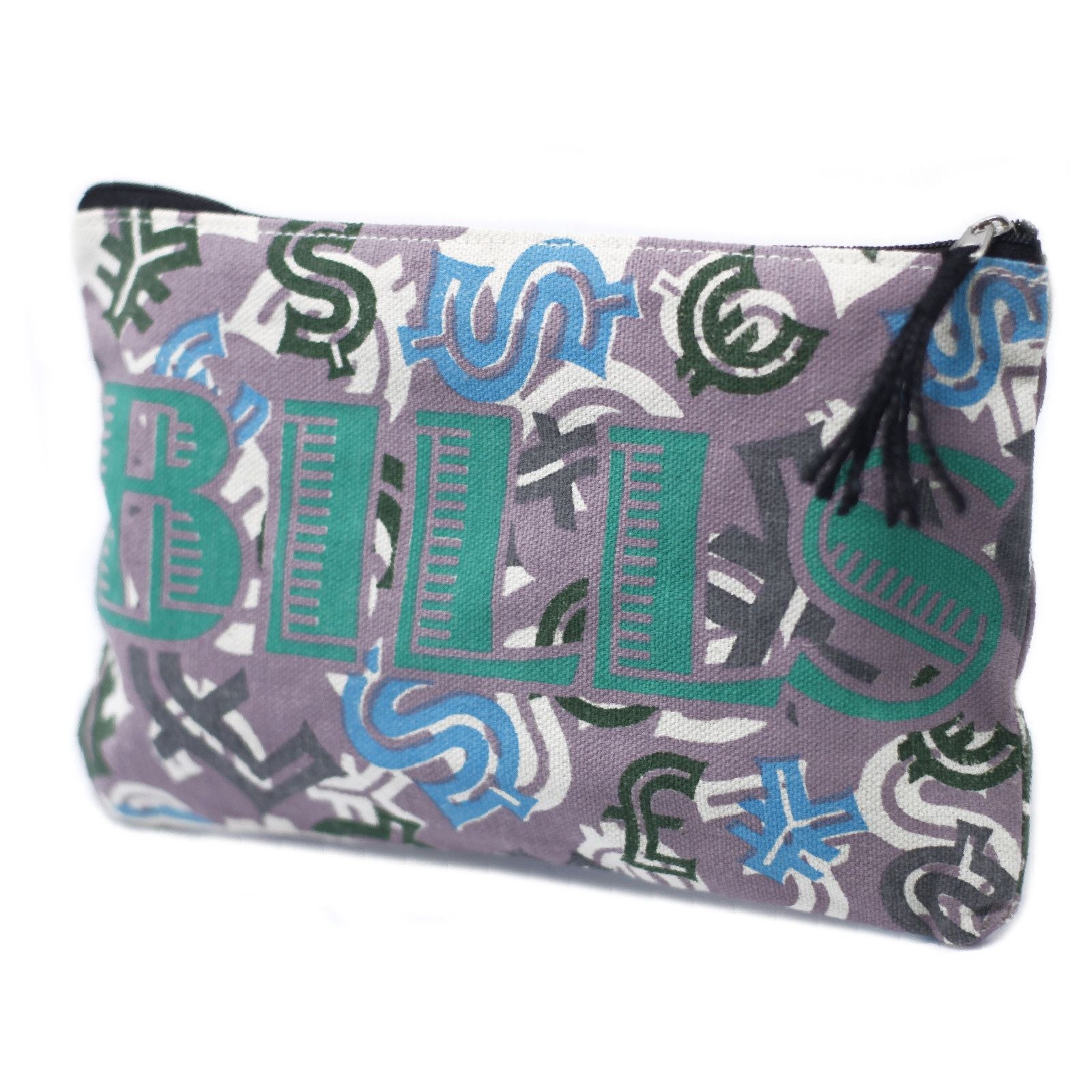 Handmade soft fabric zip pouch with 'Bills' text, ideal for organising small travel items and documents.