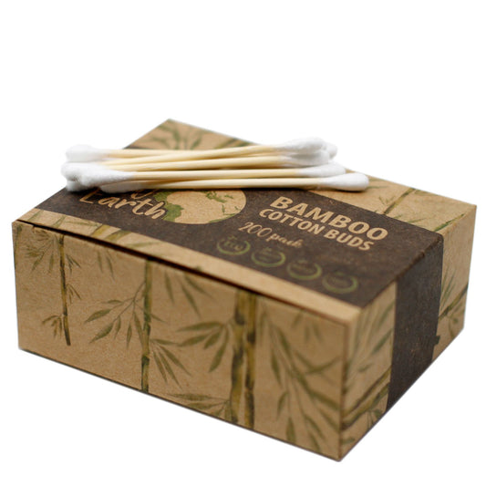 Large box of eco-friendly cotton buds with sustainable bamboo stems and soft cotton tips.