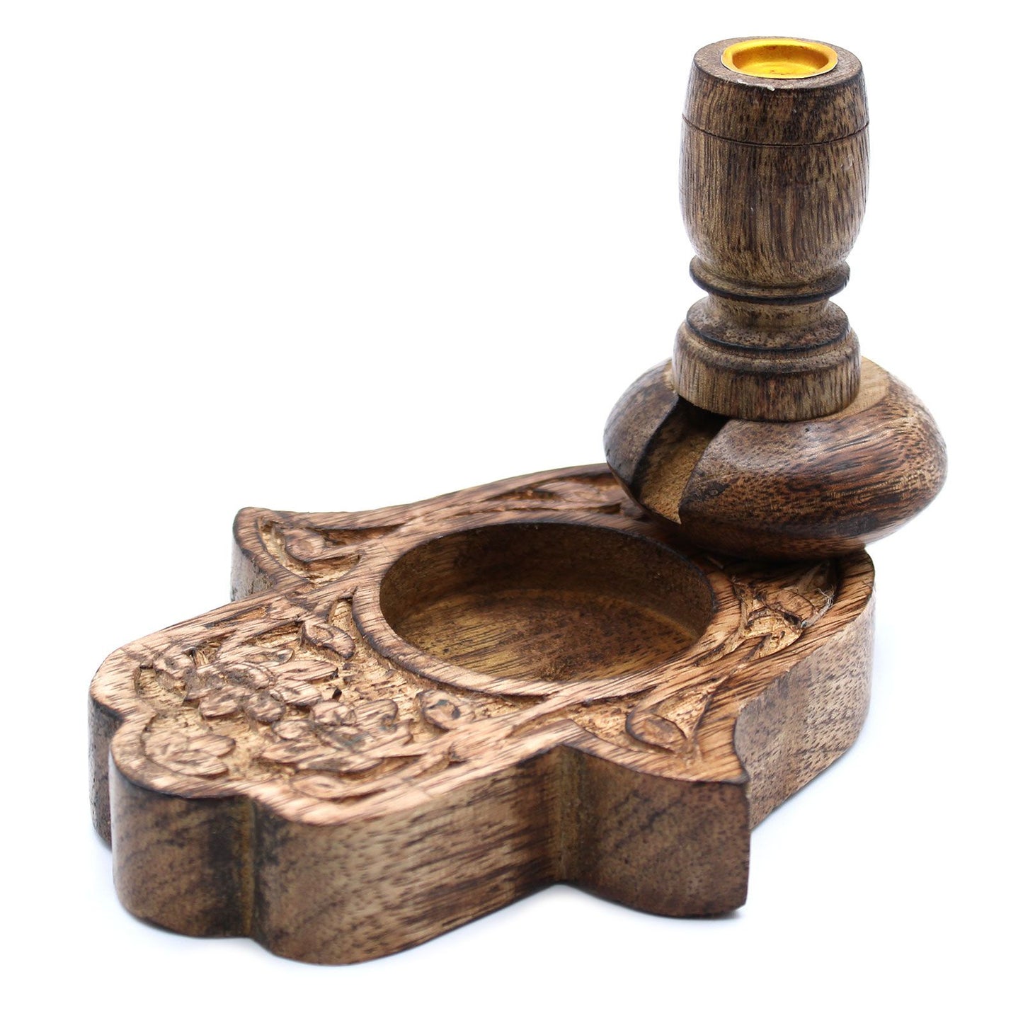 Hand-carved mango wood backflow incense burner featuring a protective Hamsa hand design for spiritual home decor.