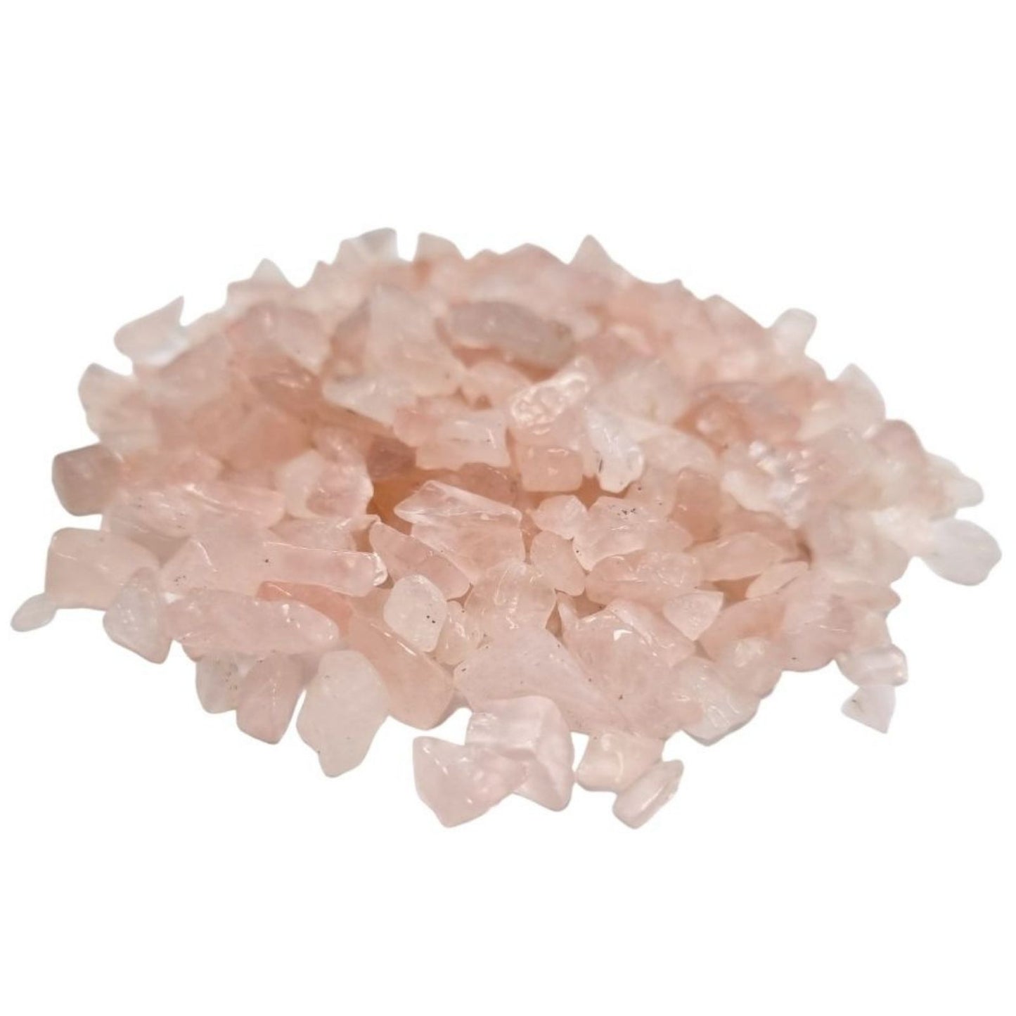 A large pile of small, polished pink rose quartz gemstone chips showing various shades of soft rose pink.
