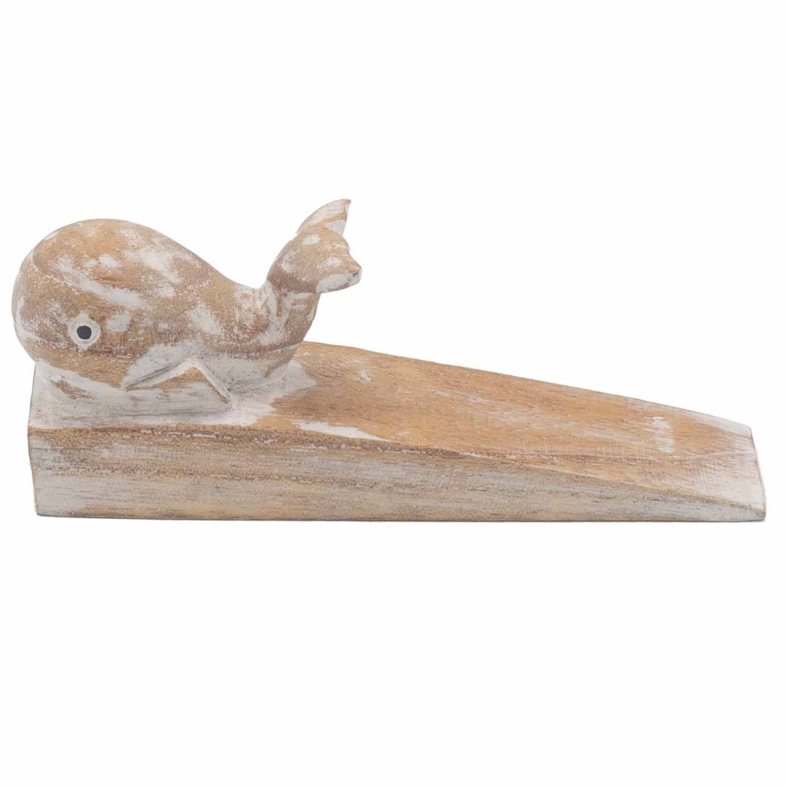 Hand-carved wooden doorstop in the shape of a whale, crafted from natural dark-grained hardwood.