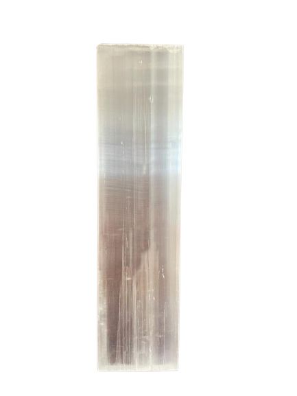 A smooth, rectangular translucent white selenite flat bar charging plate with a natural crystalline glow.